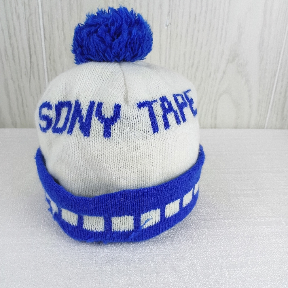 RARE Stocking Cap Sony Tape Winter Knit Ski Beanie Pom Ball Hat Red White Blue